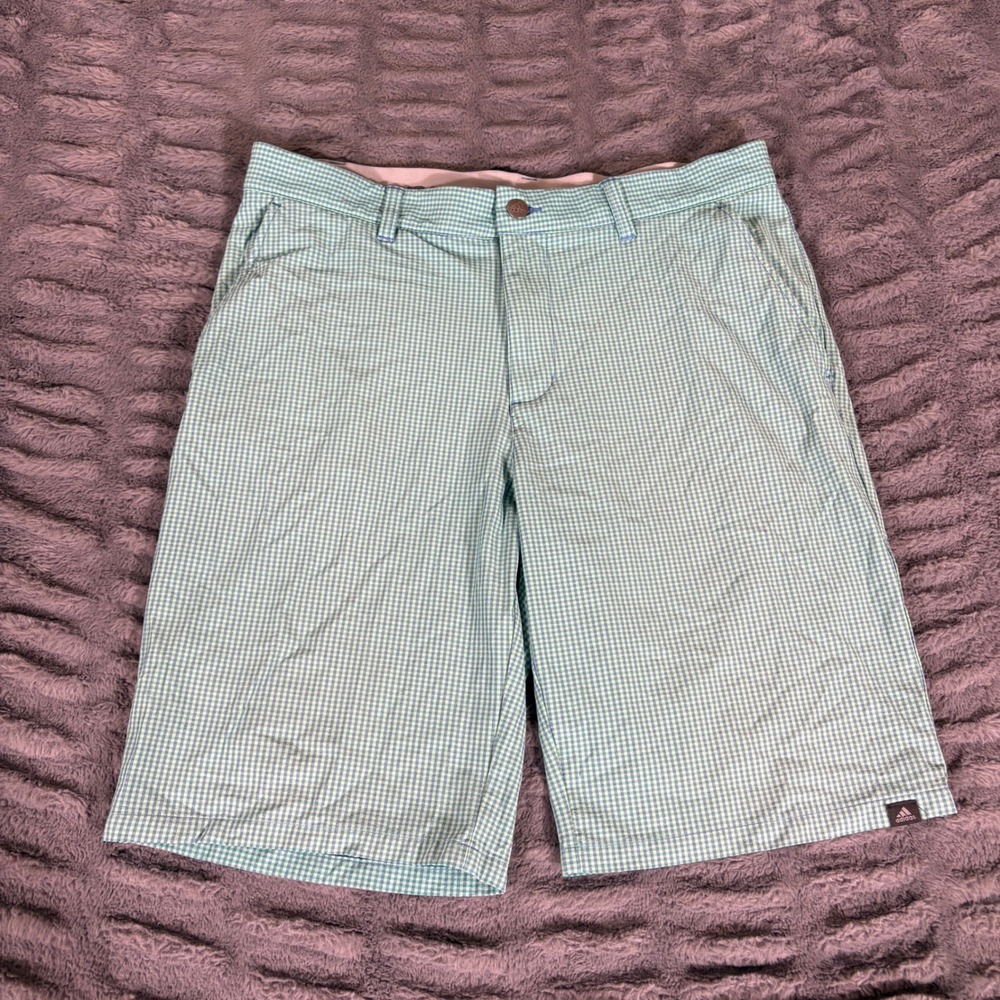 Adidas Mens Gingham Golf Shorts Green Blue White Plaid Stretch Size 33 AT269